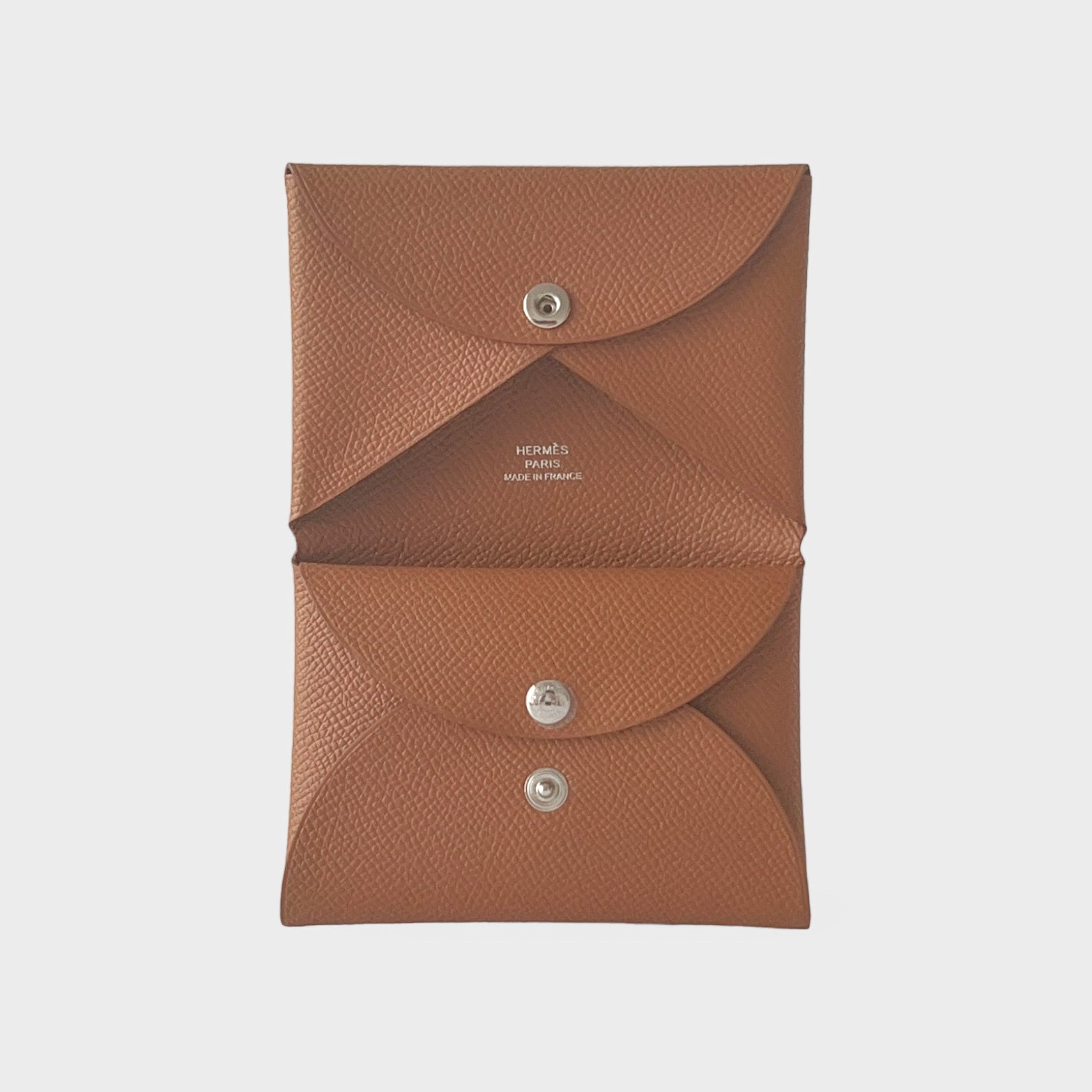 Hermes Calvi Duo Card Holder In Gold, Brown Epsom Leather – Found