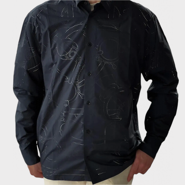 Hermes Men's Boxy Fit Cotton Shirt In Dark Blue With A 3D Printed Pattern, Size 37