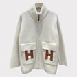 Hermès Women's Wool Knit Jacket With Leather Details, 34, Craie