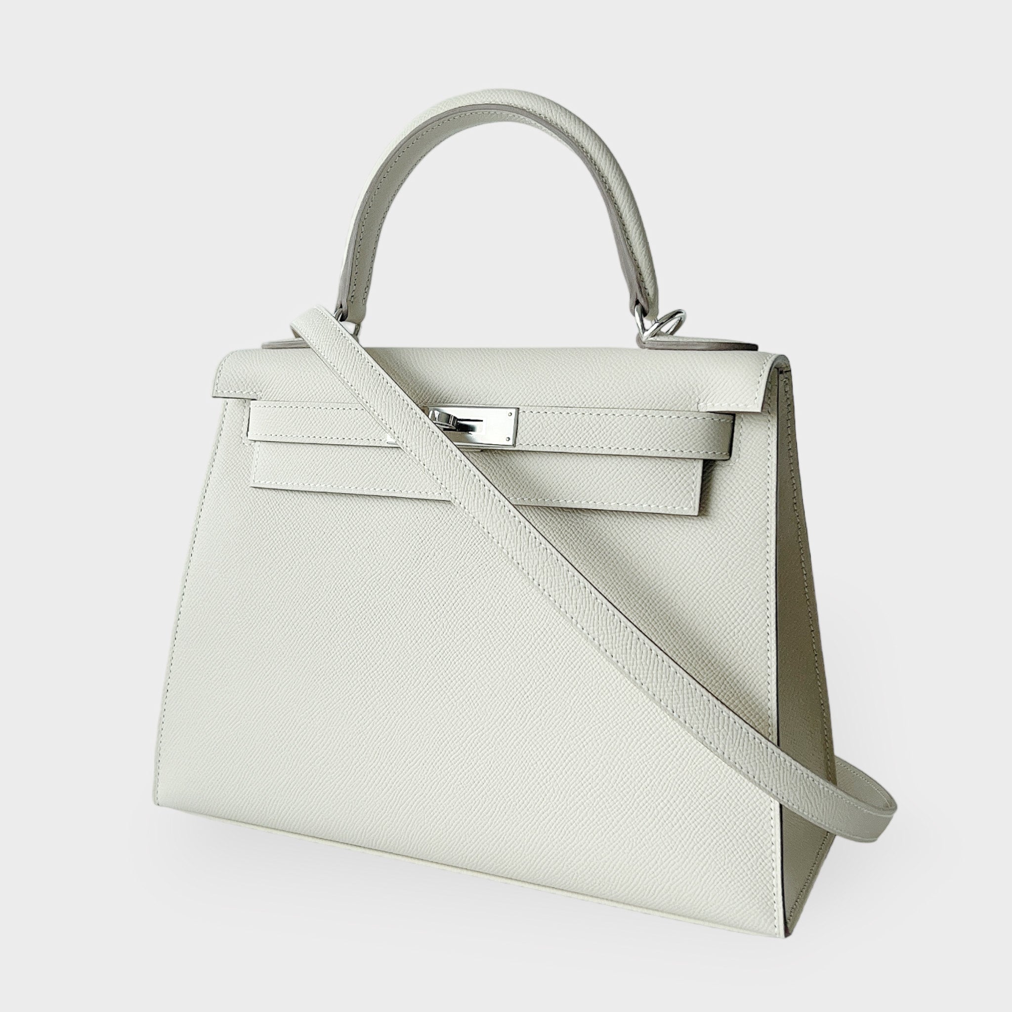 Hermes Neutral Craie Epsom Gold Hardware with Twilly Kelly 25 Sellier Bag  at 1stDibs