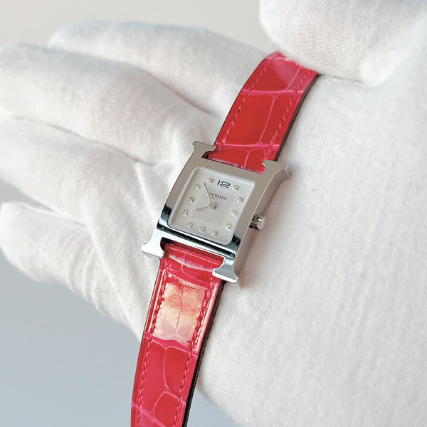 Hermes Heure H Watch With Diamonds, Fuchsia Alligator Strap, 21mm - Found Fashion