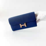 Hermes Constance Long To Go Wallet In Blue, Bleu Saphire And Rose Gold Hardware