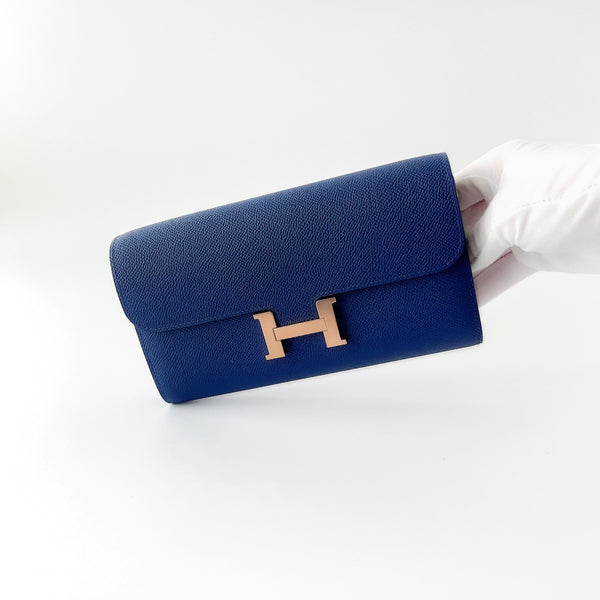 Hermes Constance Long To Go Wallet In Blue, Bleu Saphire And Rose Gold Hardware