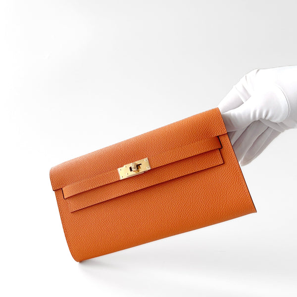 Hermes Kelly Classique To Go Wallet, In Orange, Epsom Leather With Gold Hardware