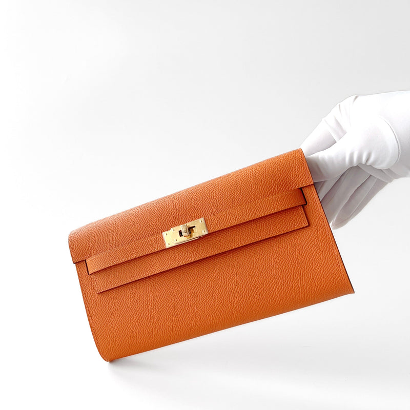 Hermes Kelly Classique To Go Wallet, In Orange, Epsom Leather With Gold Hardware