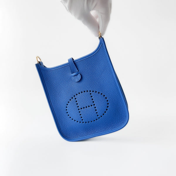 Hermes Mini Evelyne 16 Clemence In Blue, Bleu France With Gold Hardware