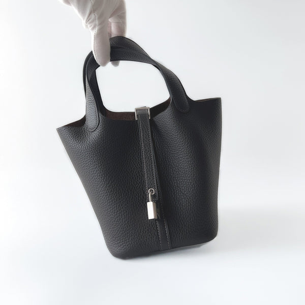 Hermes Picotin Lock Bag 18 In Ébene, Brown Clemence Leather And Palladium Hardware