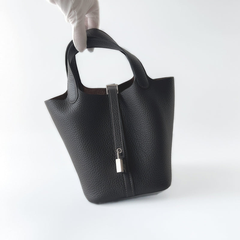 Hermes Picotin Lock Bag 18 In Ébene, Brown Clemence Leather And Palladium Hardware
