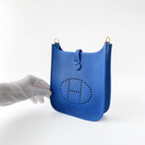 Hermes Mini Evelyne 16 Clemence In Blue, Bleu France With Gold Hardware