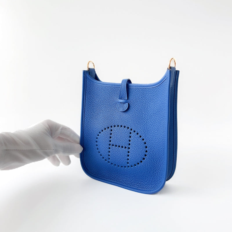 Hermes Mini Evelyne 16 Clemence In Blue, Bleu France With Gold Hardware
