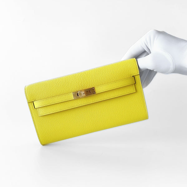 Hermes Kelly Classique To Go Wallet, In Jaune De Naples, Yellow Epsom Leather With Gold Hardware