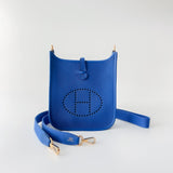 Hermes Mini Evelyne 16 Clemence In Blue, Bleu France With Gold Hardware