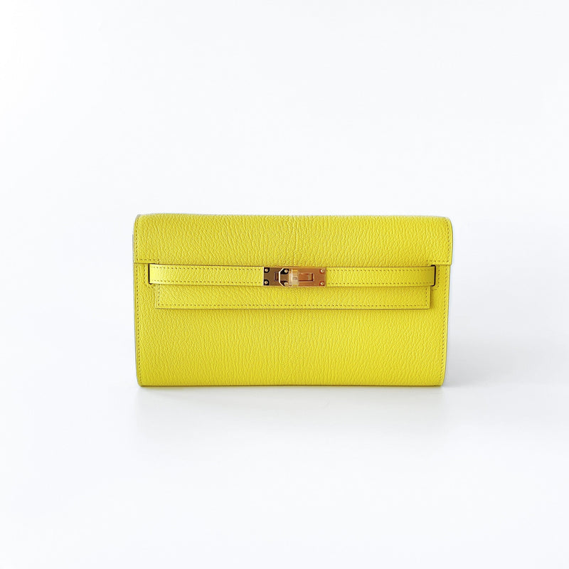 Hermes Kelly Classique To Go Wallet, In Jaune De Naples, Yellow Epsom Leather With Gold Hardware