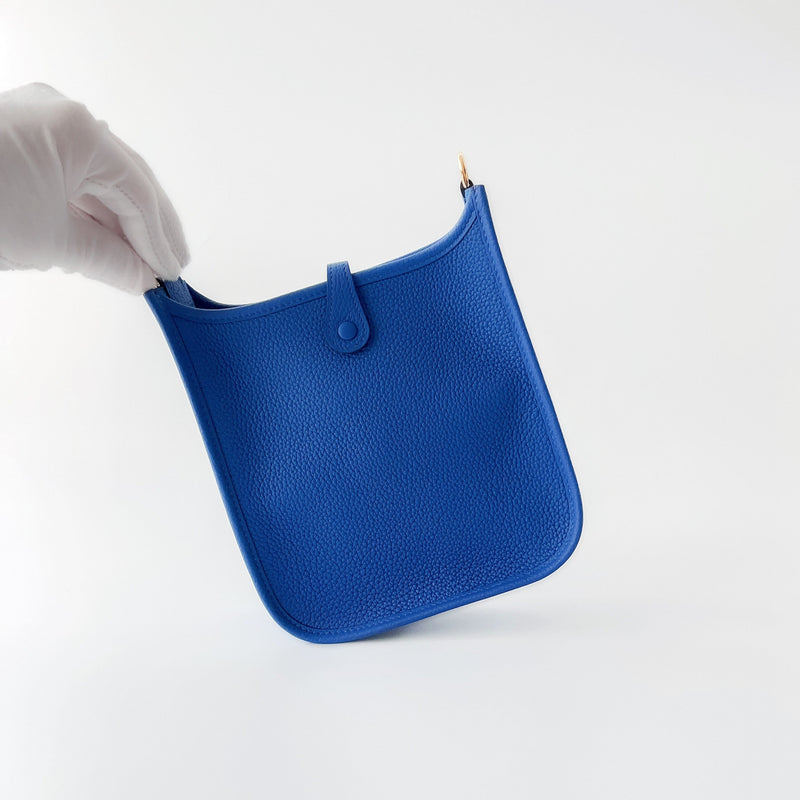 Hermes Mini Evelyne 16 Clemence In Blue, Bleu France With Gold Hardware