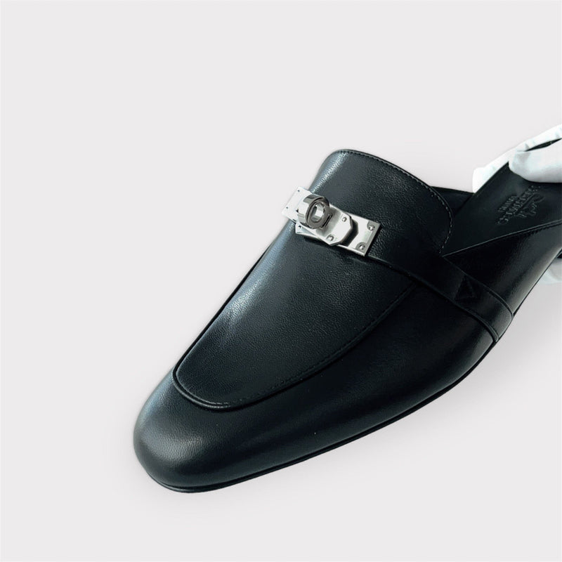 Hermes Women's Oz Mule In Black With A Silver Buckle, Size 38