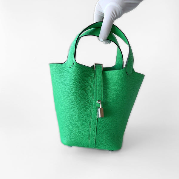 Hermes Picotin Lock Bag 18 In Vert Comics, Green Clemence Leather And Palladium Hardware