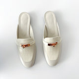 Hermes Women's Oz Mules In Beige Glaise Croc And Rose Gold Hardware, Size 38