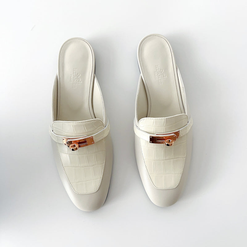 Hermes Women's Oz Mules In Beige Glaise Croc And Rose Gold Hardware, Size 38