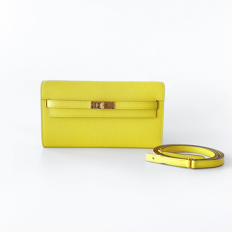 Hermes Kelly Classique To Go Wallet, In Jaune De Naples, Yellow Epsom Leather With Gold Hardware
