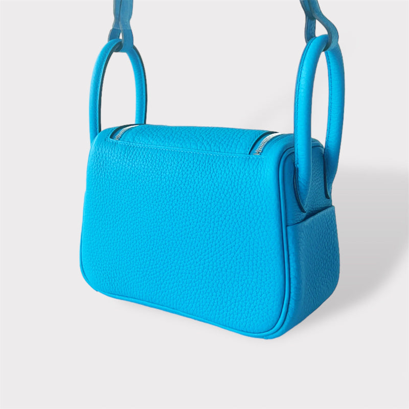 Hermes Mini Lindy In Bleu Frida, Palladium Hardware, Taurillon Clemence Leather