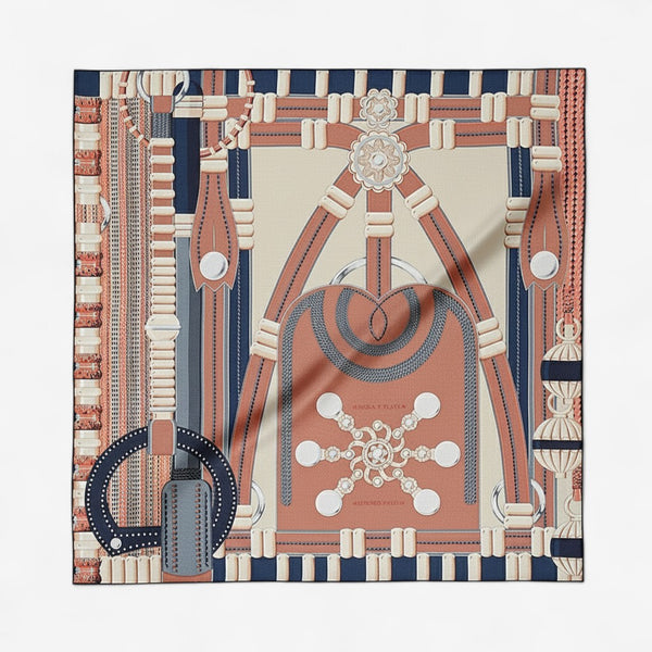 Hermes Flora y Plata Scarf in Terracotta, Bleu Marine & Beige Rose