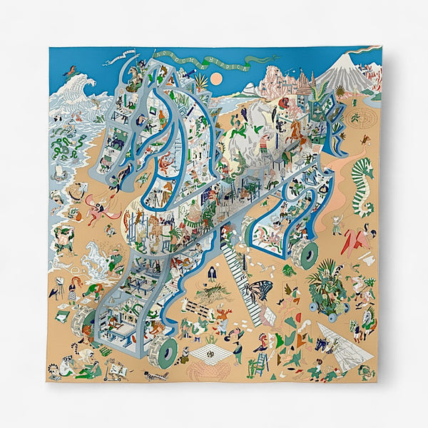 Hermes Academia Hippica Scarf 90, Bleu Azur, Beige Doré & Vert