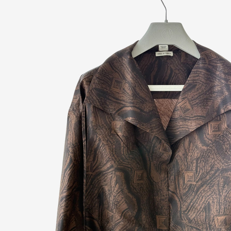 Hermes Women's Chemise Col Drape A Liens Marbre Mosaique Medor, Marron & Prune, 36