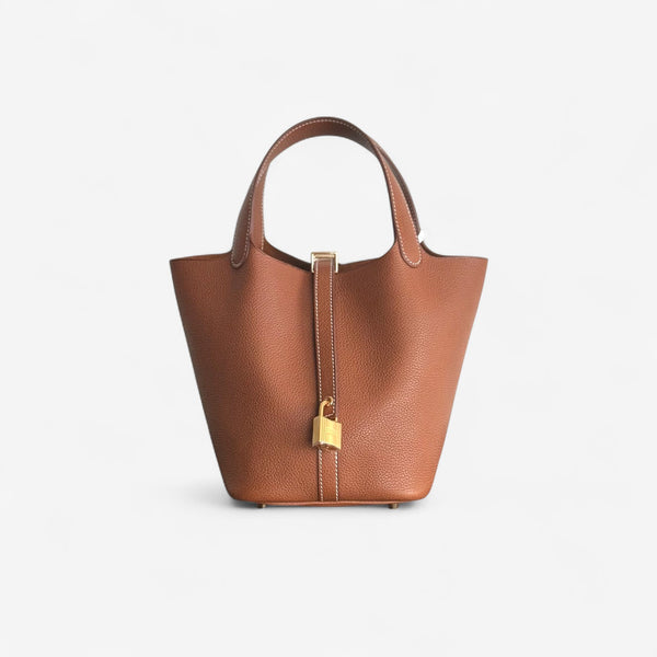 Hermes Picotin Lock Bag 18 In Fauve Clemence Leather And Gold Hardware