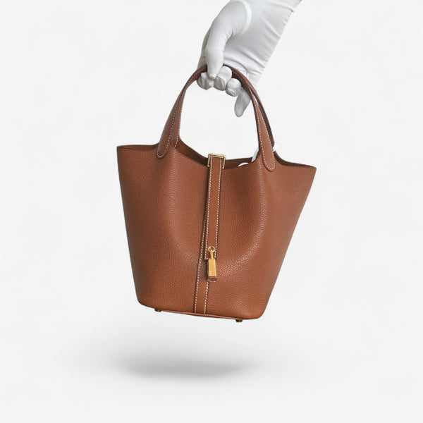 Hermes Picotin Lock Bag 18 In Fauve Clemence Leather And Gold Hardware