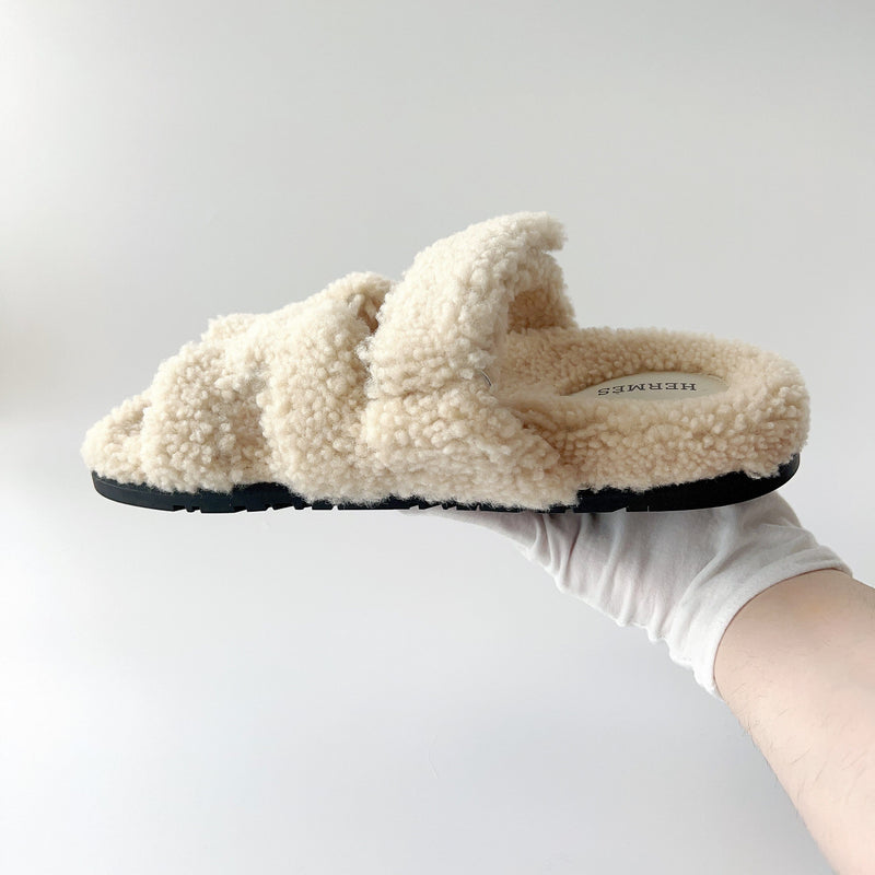 Hermes Chypre Sandal Ecru Shearling, Womens Size 39 EU