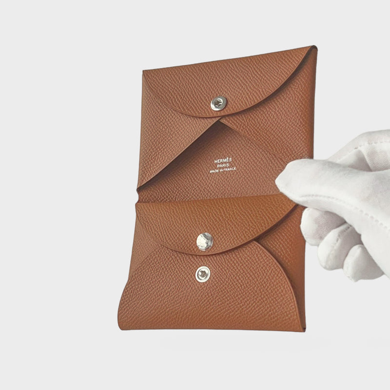 Hermes Calvi Duo Card Holder In Gold, Brown Epsom Leather – Found Fashion