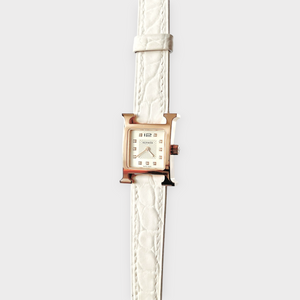 Hermès Heure H Watch, Gold, Diamonds, White Alligator Strap, 21mm