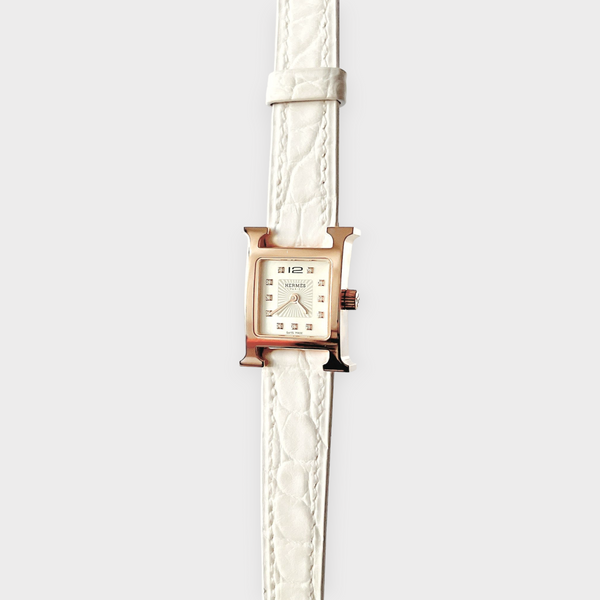 Hermes Heure H Watch In Gold With Diamonds, White Alligator Strap, 21mm