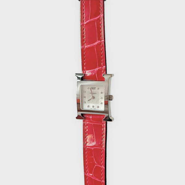 Hermes Heure H Watch With Diamonds, Fuchsia Alligator Strap, 21mm