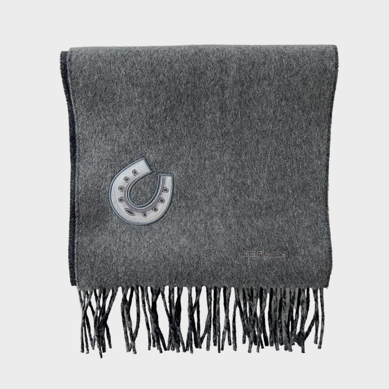 Hermès Lucky Charm Muffler In Flanelle And Noir, 100% Cashmere