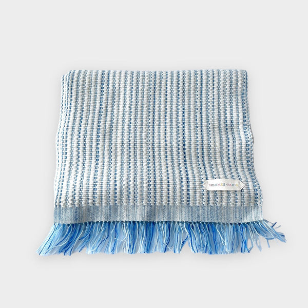 Hermès Boutis Muffler Scarf In Blue And White, Ecru / Bleu