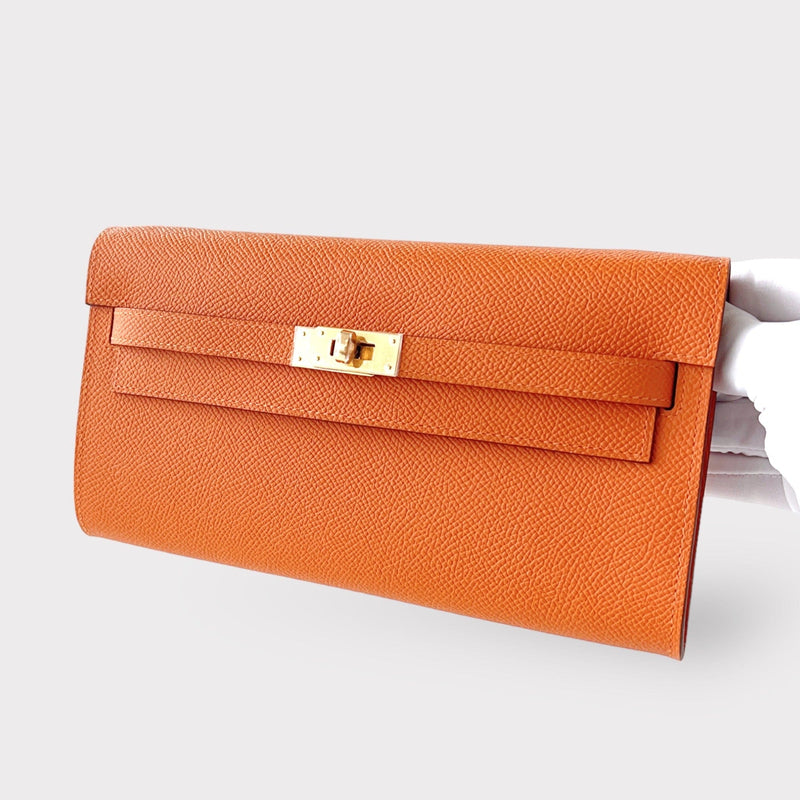 Hermes Kelly Classique To Go Wallet, In Orange, Epsom Leather With Gold Hardware
