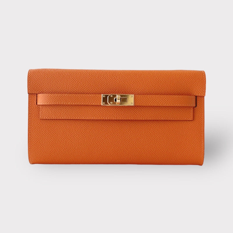 Hermes Kelly Classique To Go Wallet, In Orange, Epsom Leather With Gold Hardware