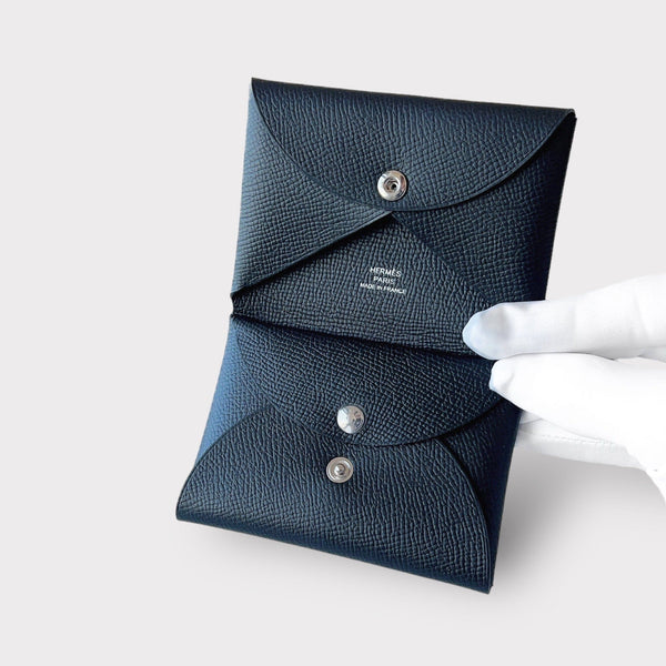 Hermes Calvi Duo Card Holder In Noir, Black Epsom Leather
