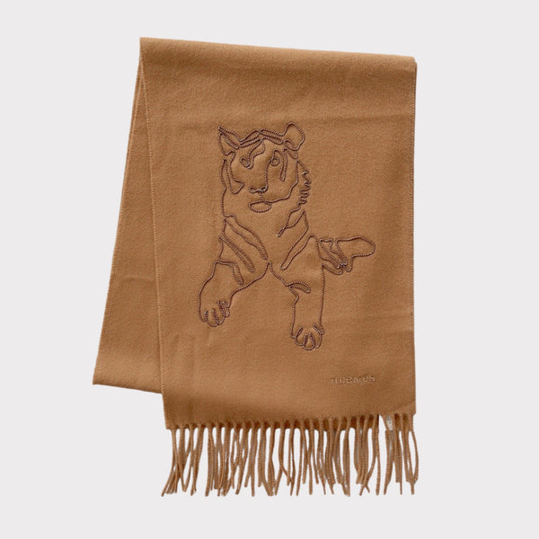 Hermes Tigre Royal Brode Muffler Scarf In Beige Fonce