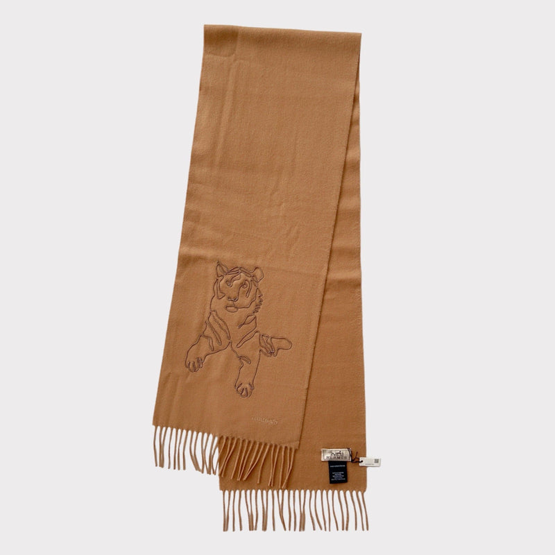 Hermes Tigre Royal Brode Muffler Scarf In Beige Fonce