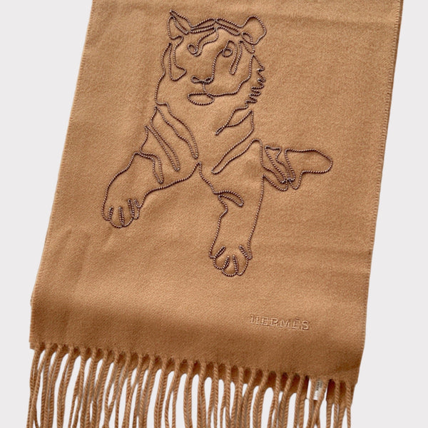 Hermes Tigre Royal Brode Muffler Scarf In Beige Fonce