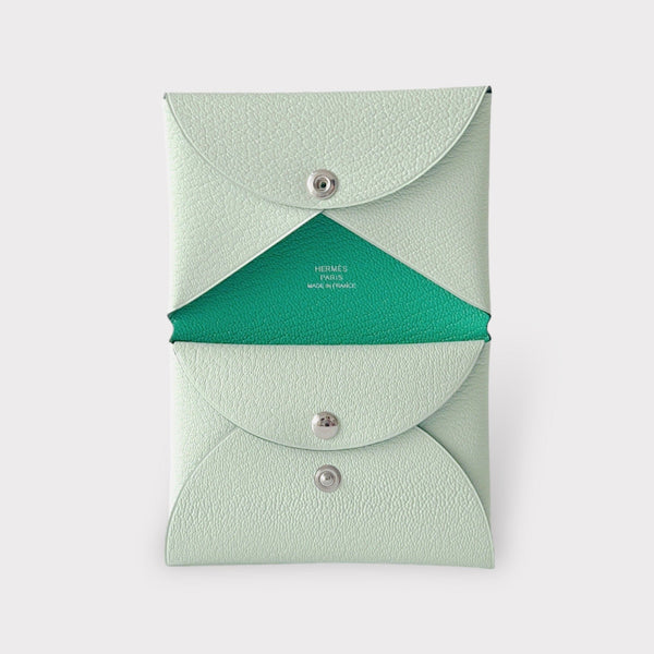 Hermes Calvi Duo Card Holder In Vert Fizz, Green Chevre Leather