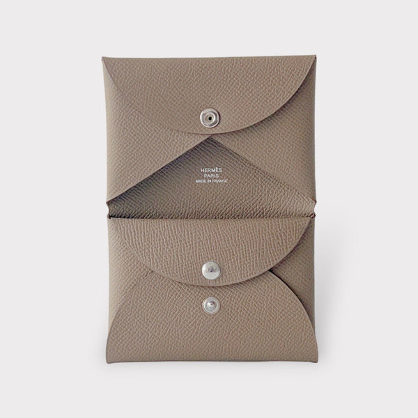 Hermes Calvi Duo Card Holder In Etoupe, Brown Epsom Leather
