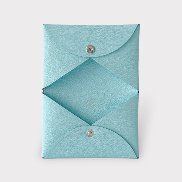 Hermes Calvi Card Holder In Bleu Zephyr, Blue Chèvre Leather