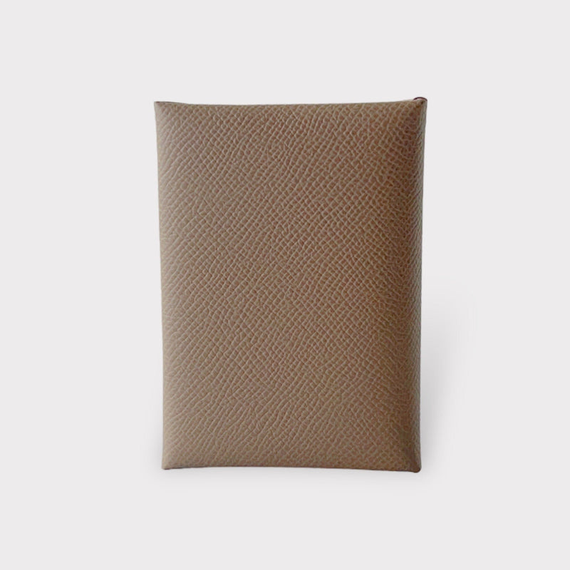 Hermes Calvi Duo Card Holder In Etoupe, Brown Epsom Leather