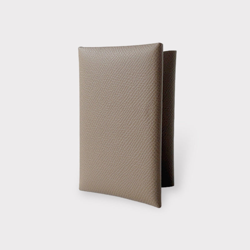 Hermes Calvi Duo Card Holder In Etoupe, Brown Epsom Leather