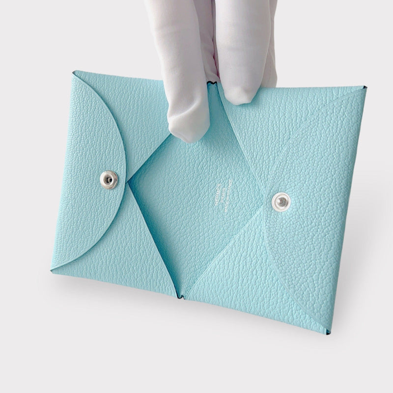 Hermes Calvi Card Holder In Bleu Zephyr, Blue Chèvre Leather