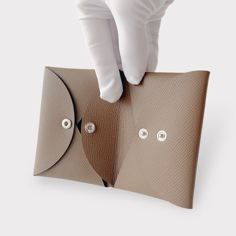 Hermes Calvi Duo Card Holder In Etoupe, Brown Epsom Leather