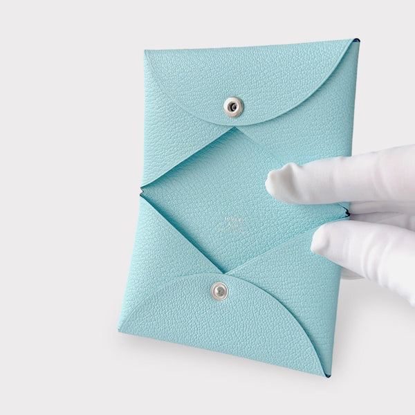 Hermes Calvi Card Holder In Bleu Zephyr, Blue Chèvre Leather